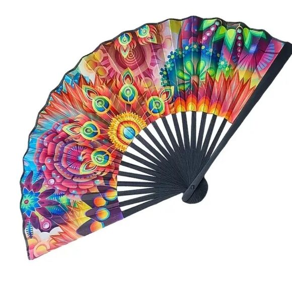 Colorful Hand Fan with Black Handle - Picture 2 of 5